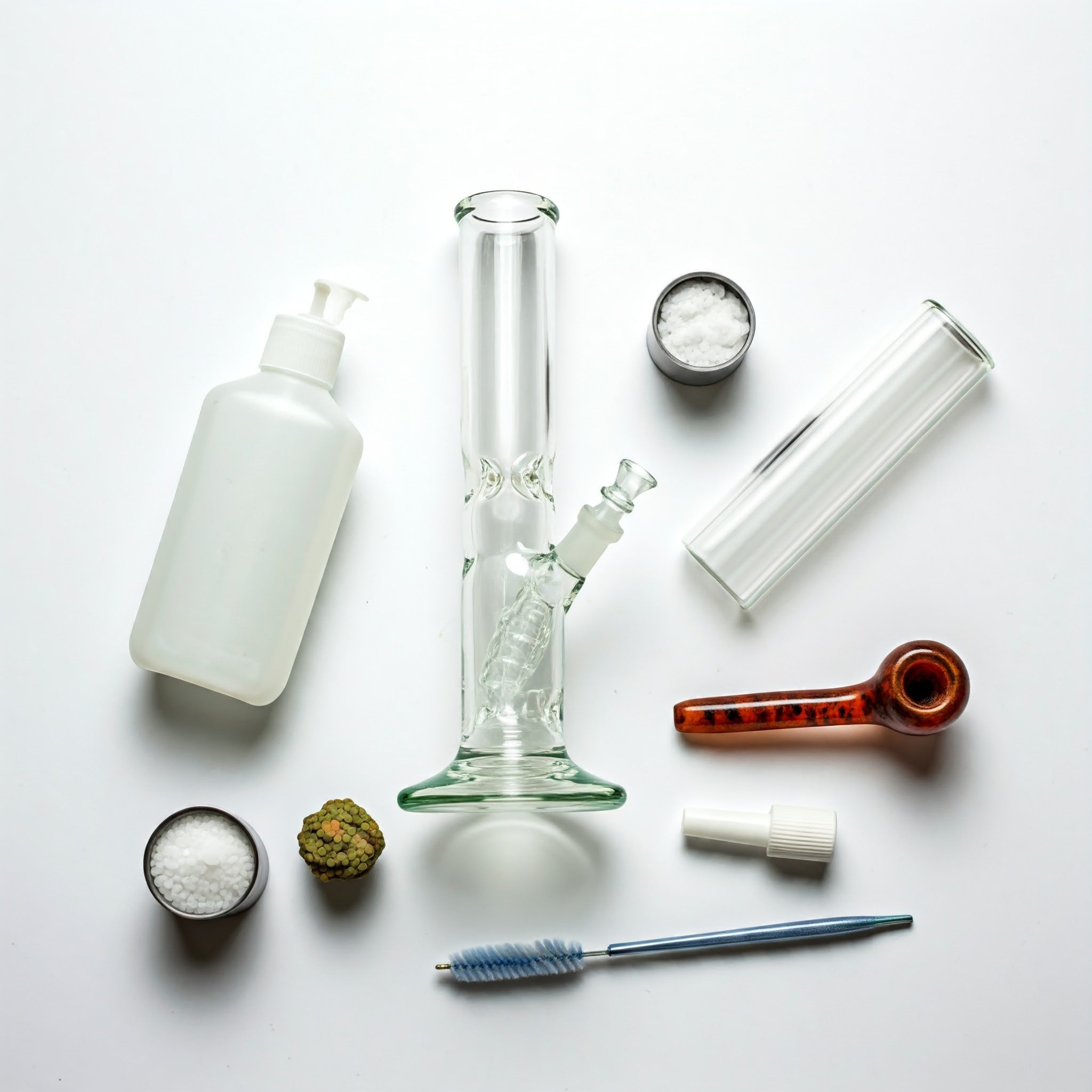 A glass bong and pipe surrounded by various cleaning tools and materials.