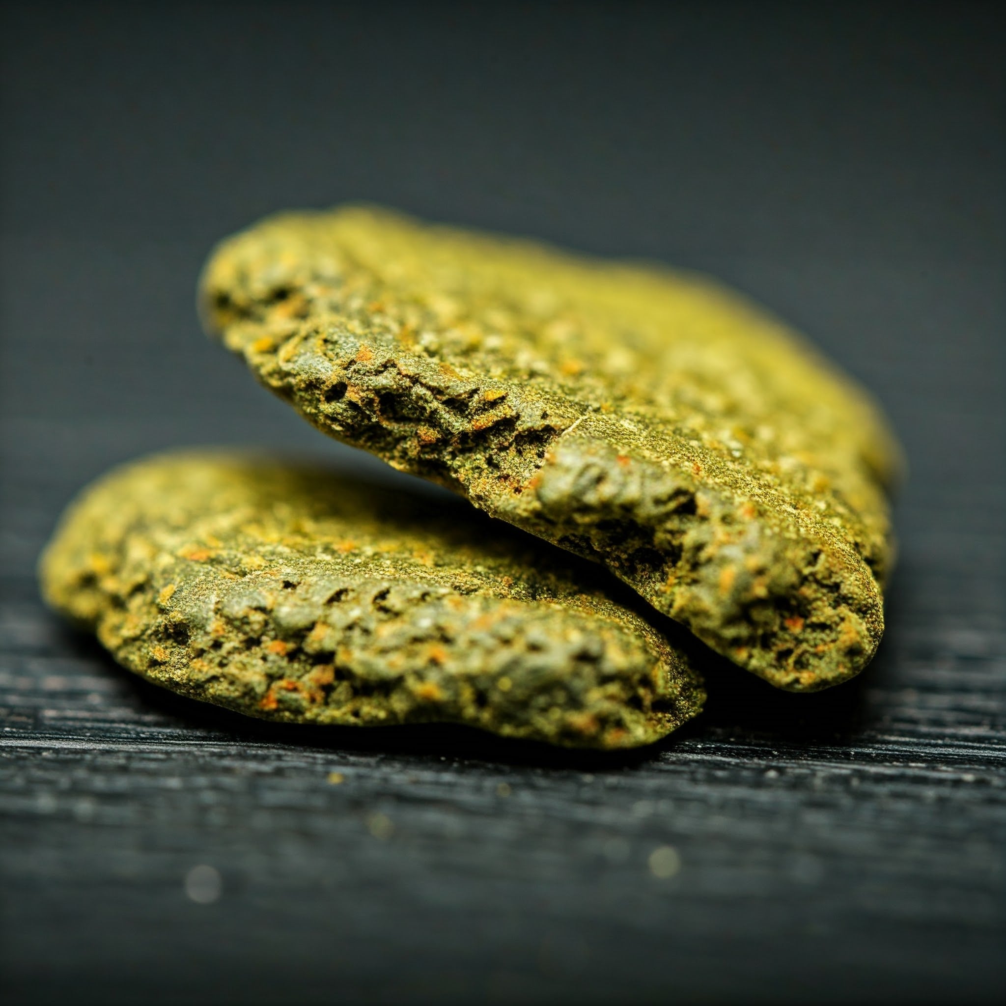 Two blocks of green hashish; one stacked on top of the other.