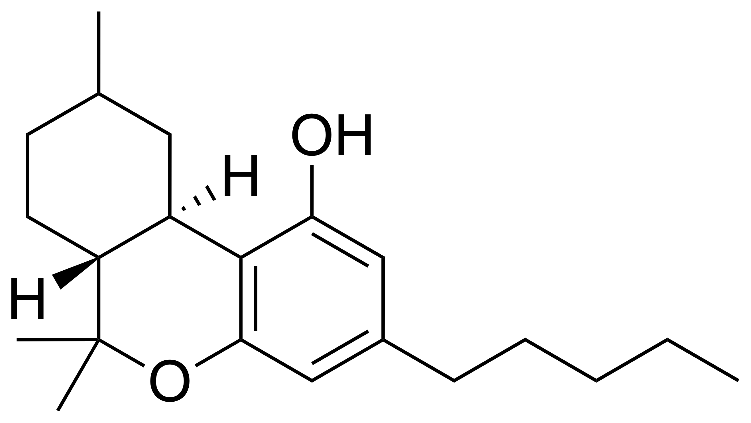 Structural formula of hexahydrocannabinol with the stereochemistry shown similarly to THC.