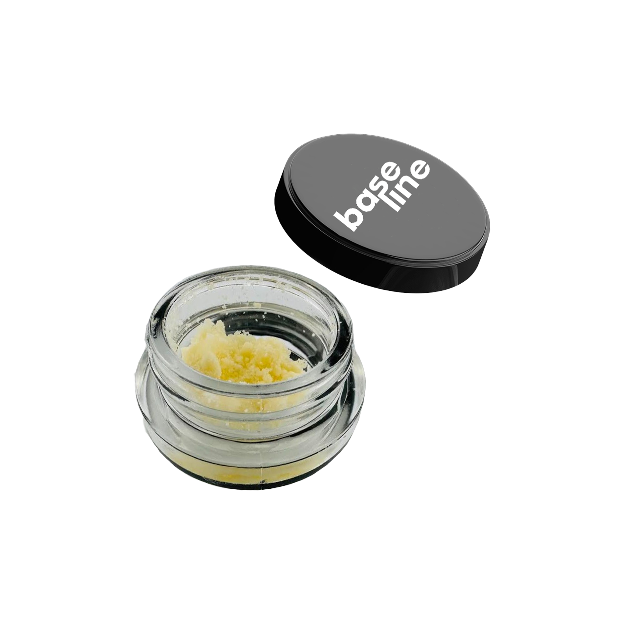 Small glass jar containing Cannabis crumble with black lid next to it.